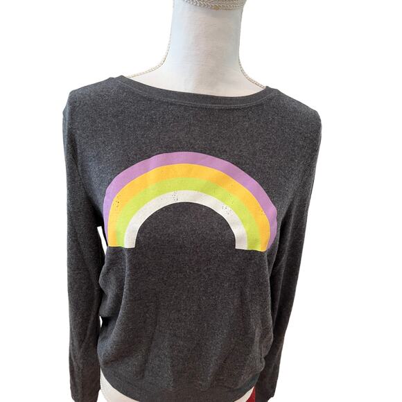 Wildfox Rainbow Print Fuzzy Crewneck Athleisure Sweatshirt Charcoal Gray S - Picture 2 of 6